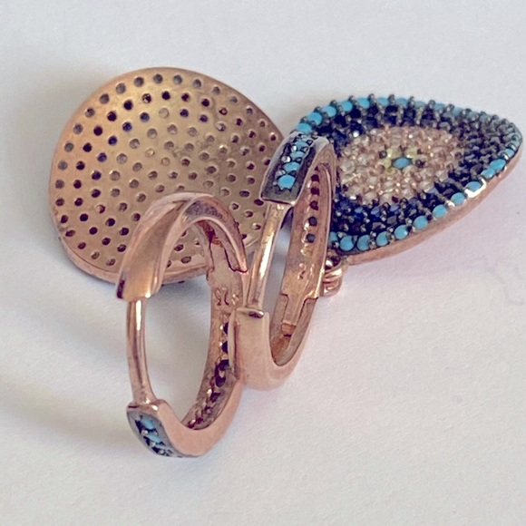 🧿 925 Silver earrings cz fancy evil eye hoop - Picture 5 of 5